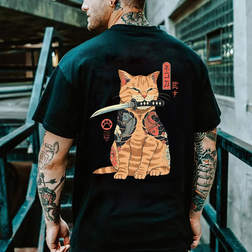 Anime Samurai Cat Printed T Shirt